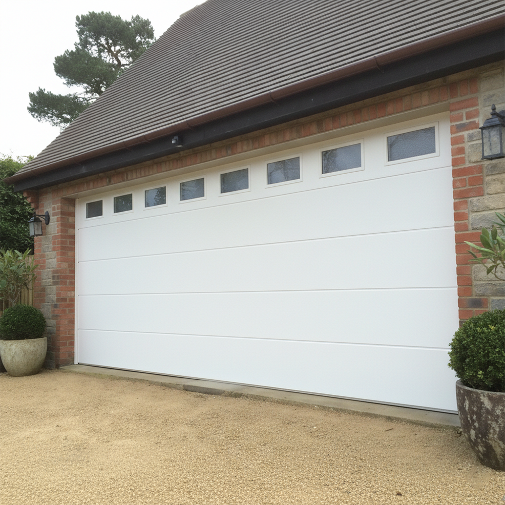 White Modern Sectional Garage Door With Window Panels, Showcasing Garage Door Options Installed By Lead Contractor Dmytro Shevchenko In North West Chicago.