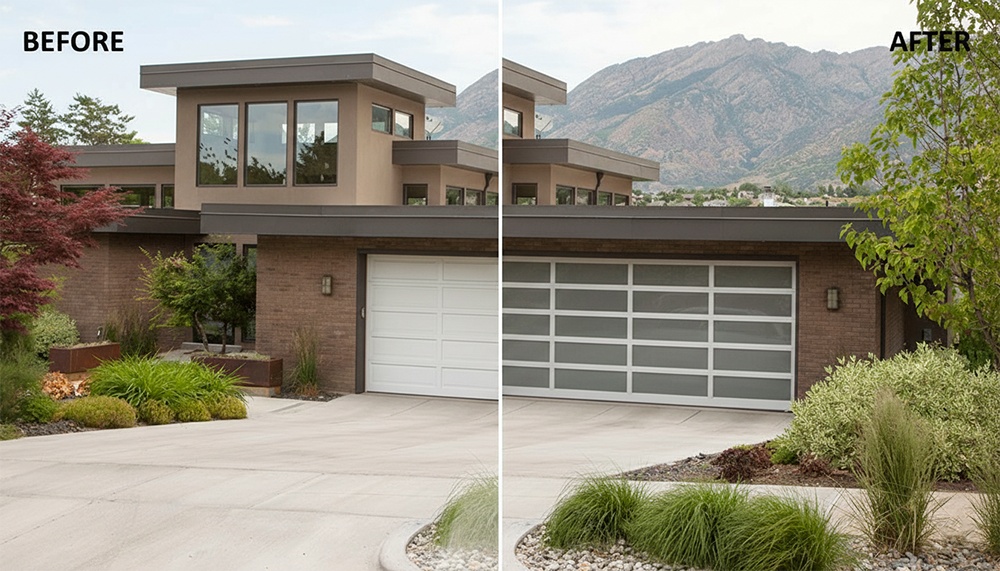 Style Garage Doors: 2026 Guide To Popular Designs &Amp; Trends For Chicago Homes Before And After Renovation Comparison Showing A Transition From A Standard White Door To A Modern Glass Design, Showcasing Premium Garage Door Options Installed By Lead Contractor Dmytro Shevchenko In North West Chicago.