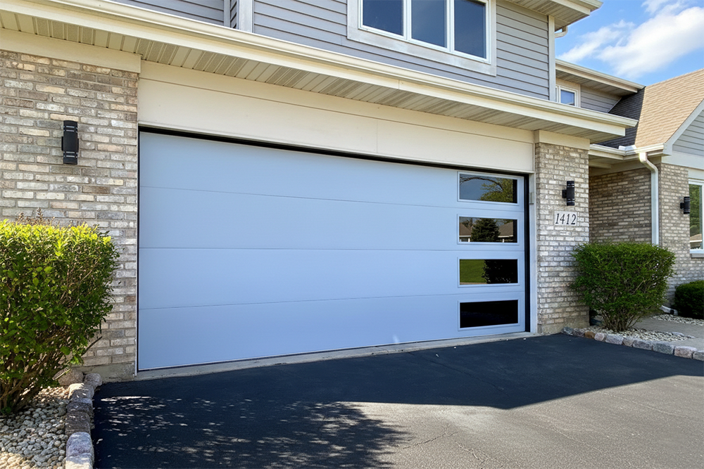 Modern Residential Garage Door With Horizontal Panels And Vertical Windows Installed By Lead Contractor Dmytro Shevchenko In North West Chicago.