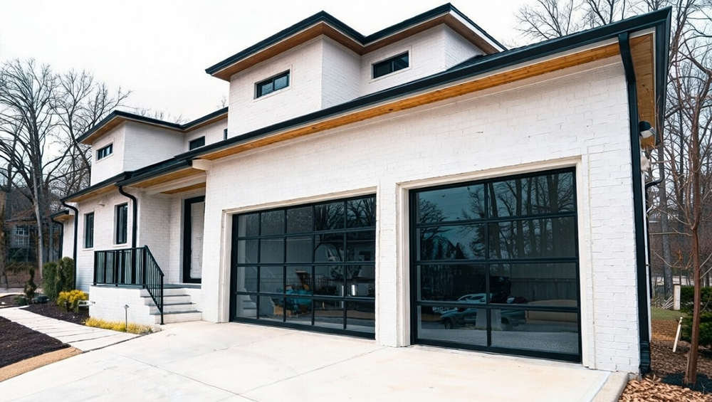 Modern White Brick Home Featuring Two Sleek Black Aluminum And Glass Garage Door Installations By Lead Contractor Dmytro Shevchenko In North West Chicago.