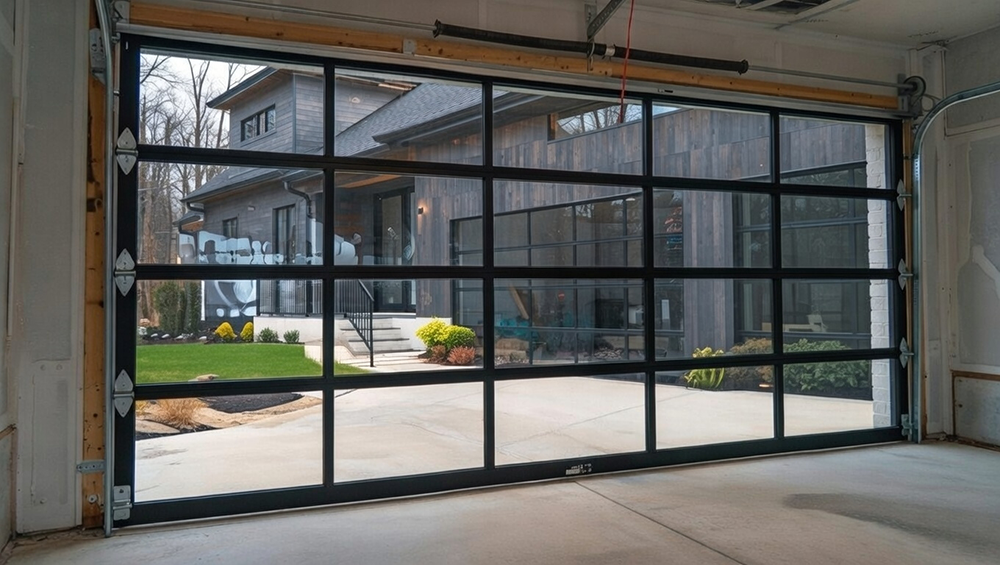 Interior View Looking Out Through A Modern Black Aluminum And Clear Glass Garage Door, Installed By Lead Contractor Dmytro Shevchenko In North West Chicago.