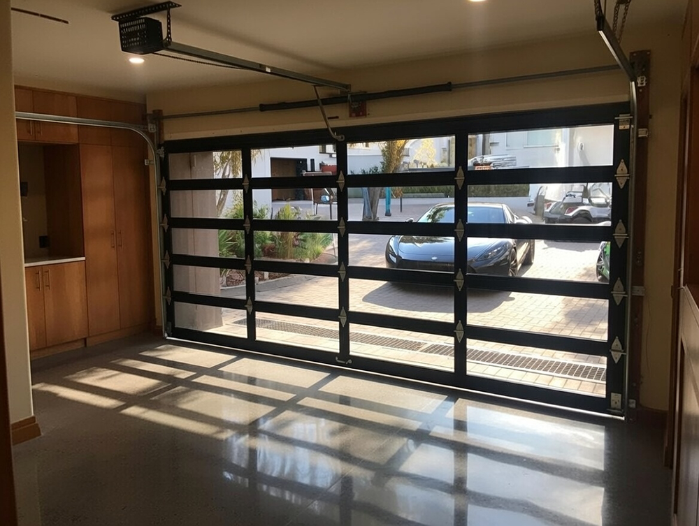 Interior View Looking Out Through A Modern Black Aluminum And Glass Garage Door, Highlighting The Installation Work Of Lead Contractor Dmytro Shevchenko In North West Chicago.