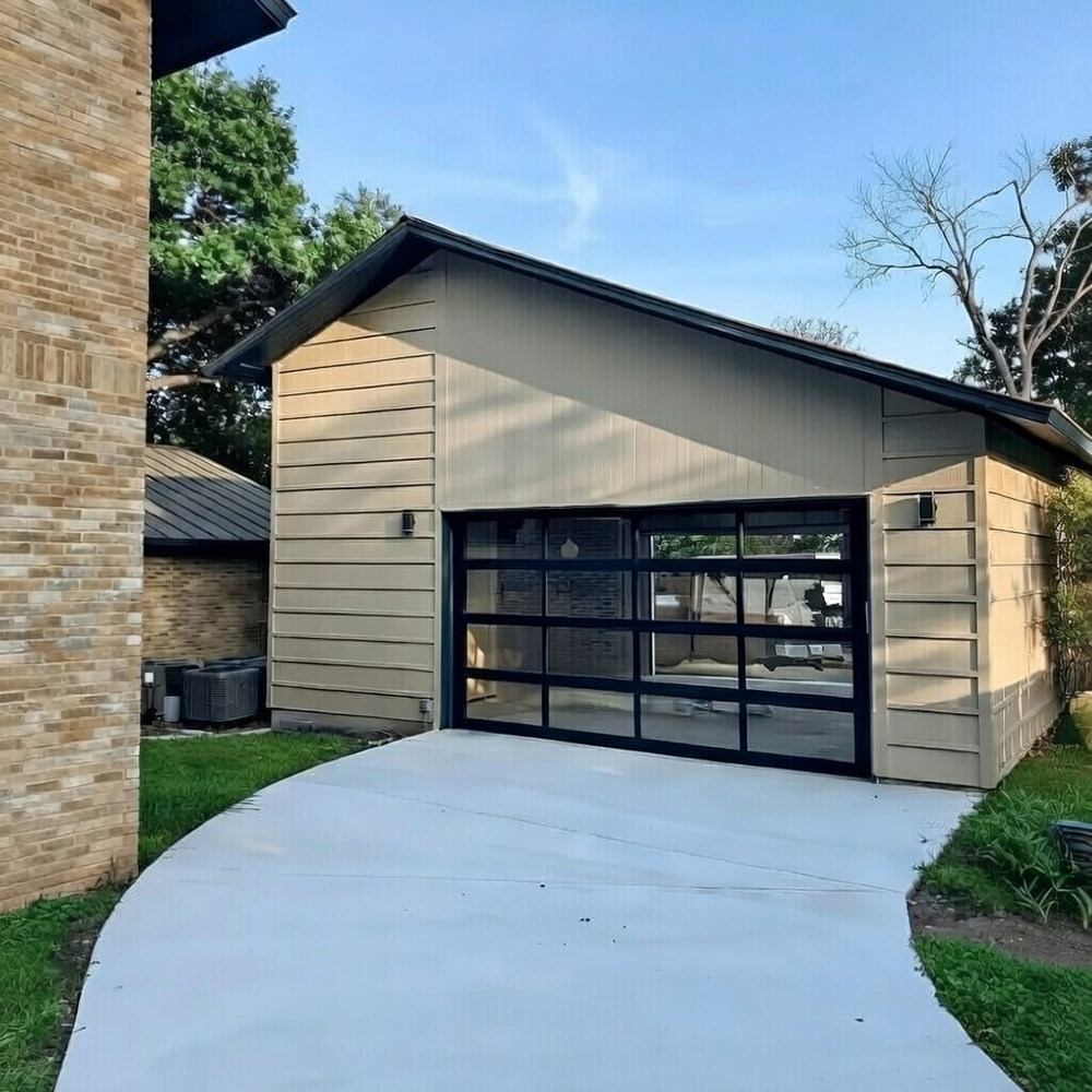 New Style Garage Doors: 2026 Trends &Amp; Modern Designs For Chicago Homes Detached Garage Featuring A Modern Black Aluminum And Glass Design, Showcasing Stylish Garage Door Options Installed By Lead Contractor Dmytro Shevchenko In North West Chicago.