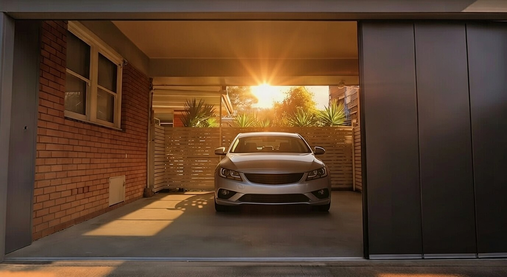 Modern Dark Side-Sliding Design Shown With A Parked Car At Sunset, Illustrating Unique Garage Door Options Installed By Lead Contractor Dmytro Shevchenko In North West Chicago.