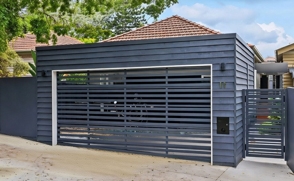 Detached Modern Structure Featuring A Dark Blue Horizontal Slat Garage Door With A Matching Pedestrian Gate, Installed By Lead Contractor Dmytro Shevchenko In North West Chicago.
