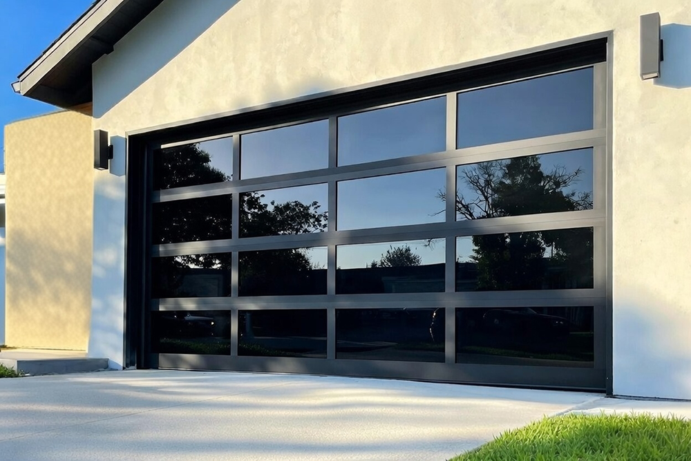 Modern Black Aluminum And Tinted Glass Design Reflecting The Outdoors, Showcasing Sleek Garage Door Options Installed By Lead Contractor Dmytro Shevchenko In North West Chicago.