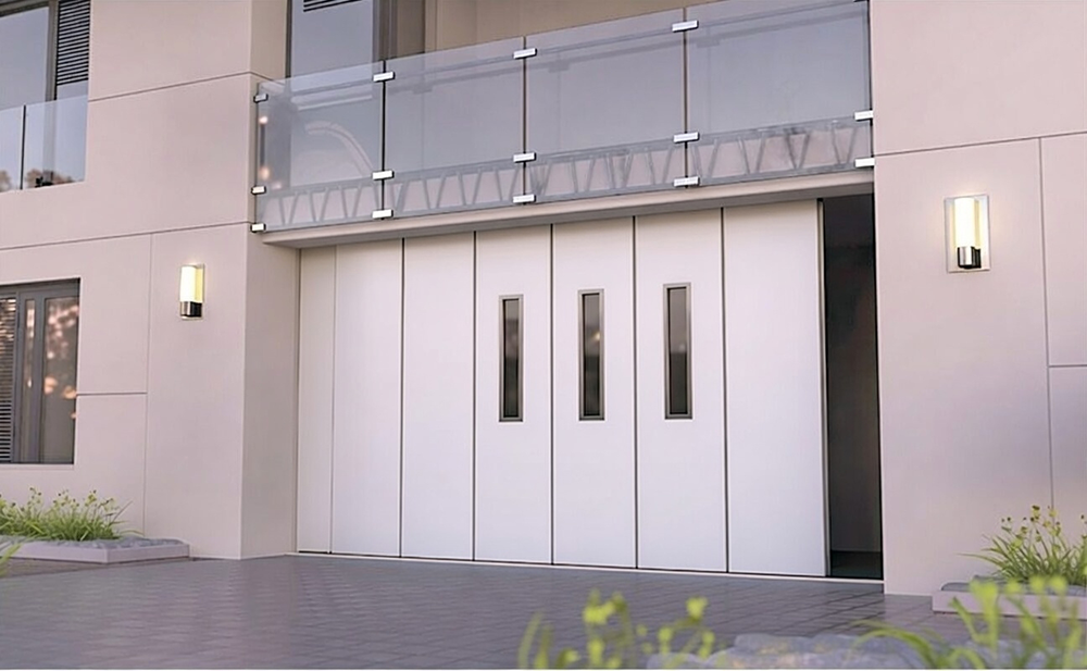 Modern White Side-Sliding Design With Vertical Windows Below A Glass Balcony, Showcasing Stylish Garage Door Options Installed By Lead Contractor Dmytro Shevchenko In North West Chicago.