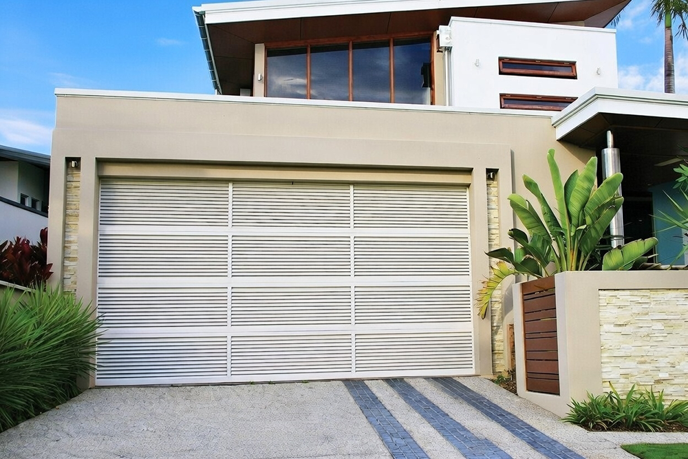 Style Garage Doors: 2026 Guide To Popular Designs &Amp; Trends For Chicago Homes Contemporary Home Exterior Featuring A White Horizontal Slat Design As A Stylish Example Of Garage Door Options, Installed By Lead Contractor Dmytro Shevchenko In North West Chicago.