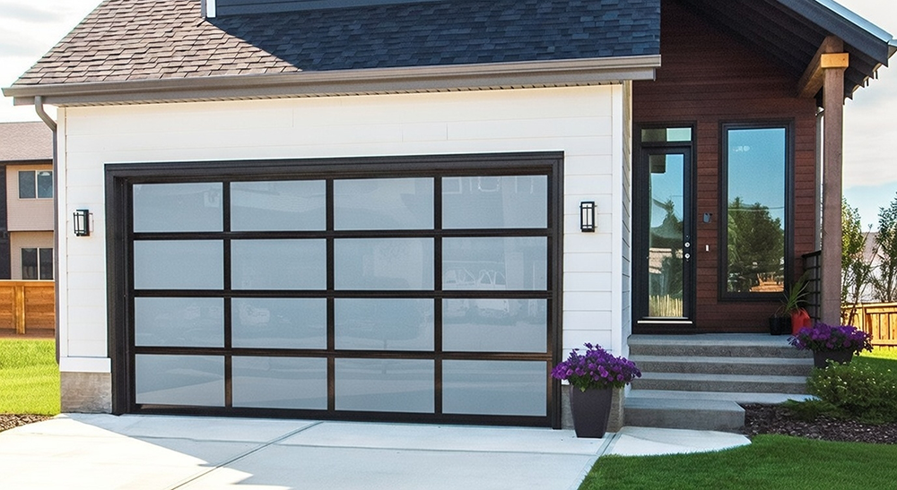 Contemporary Home Exterior Featuring A Modern Black-Framed Glass Garage Door On White Board-And-Batten Siding, Paired With Dark Wood Accent Walls And Front Entry, North West Chicago. Lead Contractor Dmytro Shevchenko Project Showcasing Stylish Sectional Garage Door Design With Frosted Glass Panels, Concrete Driveway, And Purple Flower Pots At The Steps.