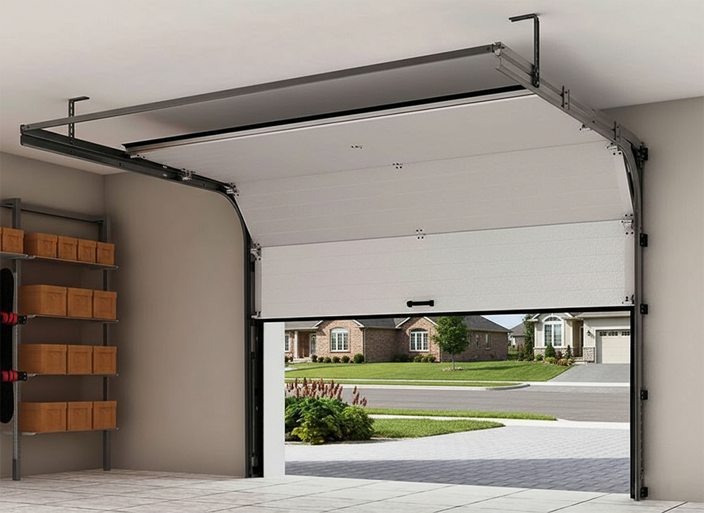 A Modern White Sectional Garage Door Partially Open, Showcasing Professional Garage Door Options Installed By Lead Contractor Dmytro Shevchenko In The North West Chicago Area.