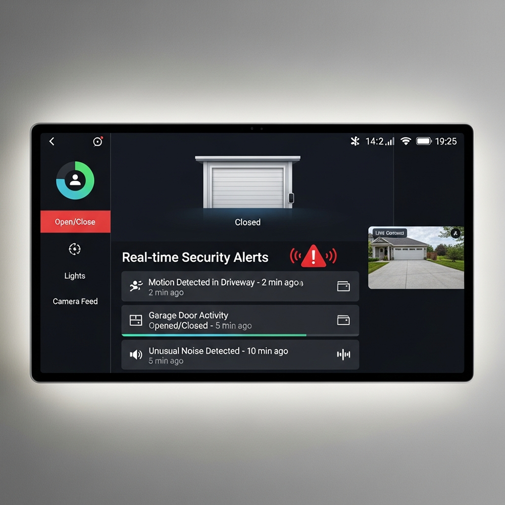 Smart Home Dashboard Displaying Real-Time Security Alerts And Status Updates For A Garage Door, Showcasing Advanced Monitoring Systems Installed By Lead Contractor Dmytro Shevchenko In North West Chicago.
