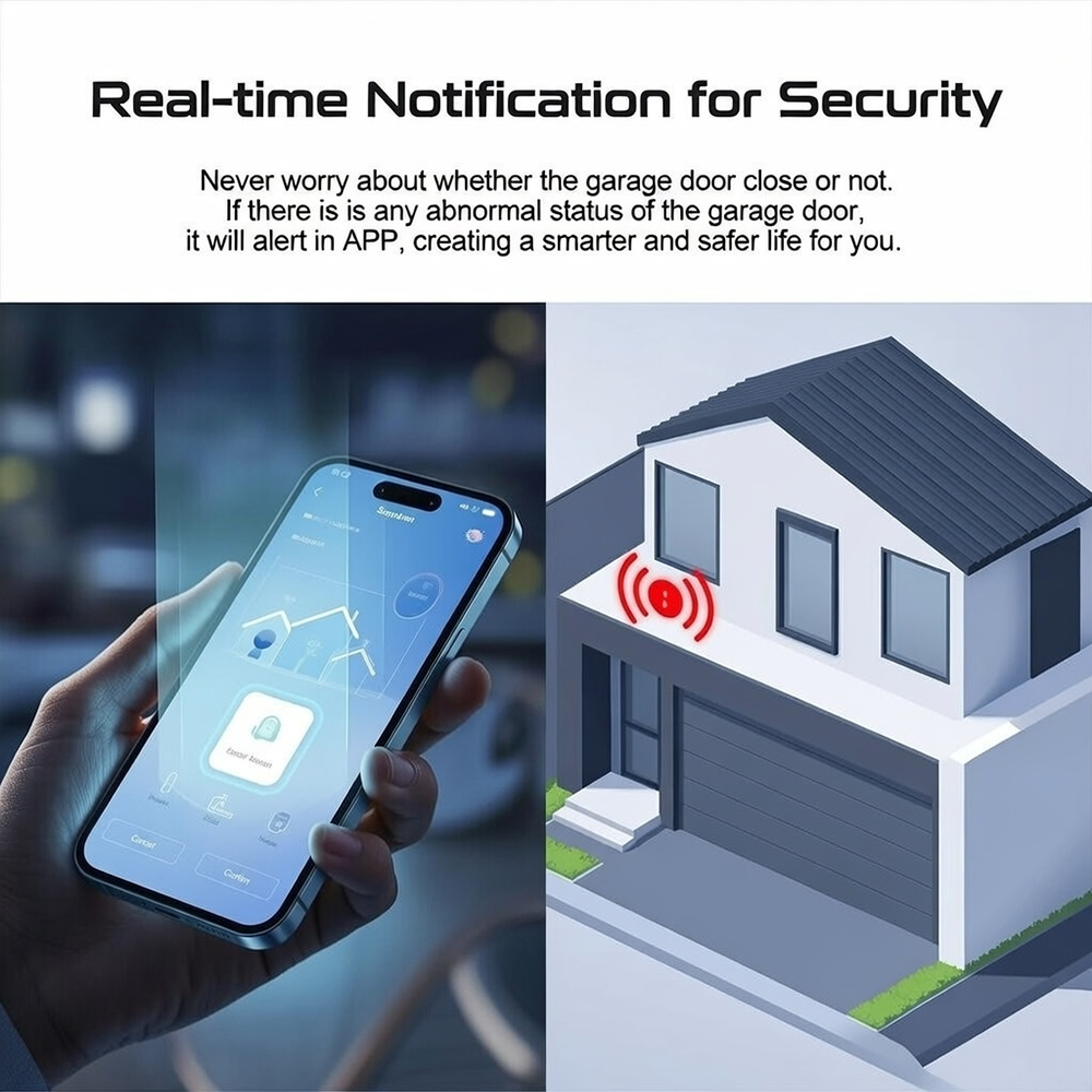 Infographic Displaying A Smartphone App And Home Exterior, Illustrating Real-Time Garage Door Security Notifications And Smart Monitoring Solutions Offered By Lead Contractor Dmytro Shevchenko In North West Chicago.
