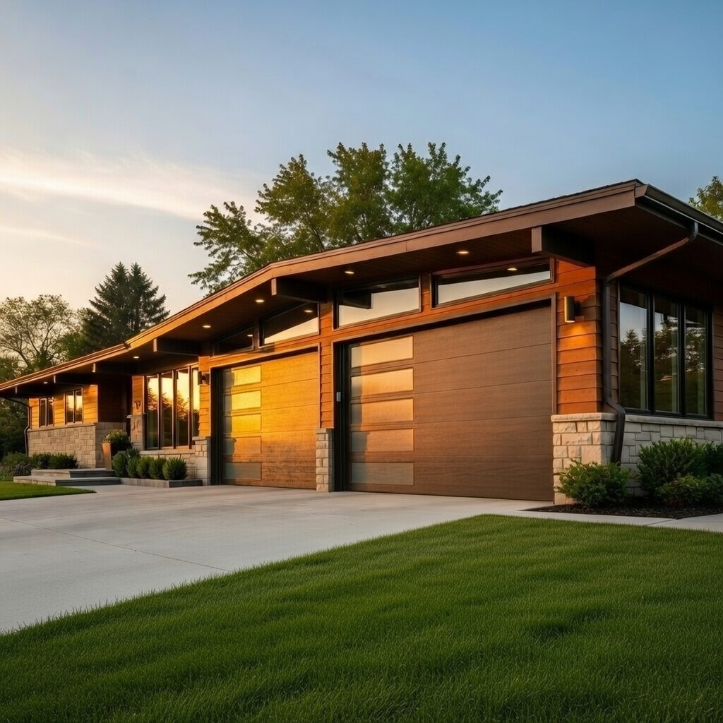 Modern Residential Garage Door Installed On A Contemporary Home, Featuring A Wood-Finish Garage Door Completed By Lead Contractor Dmytro Shevchenko In North West Chicago.
