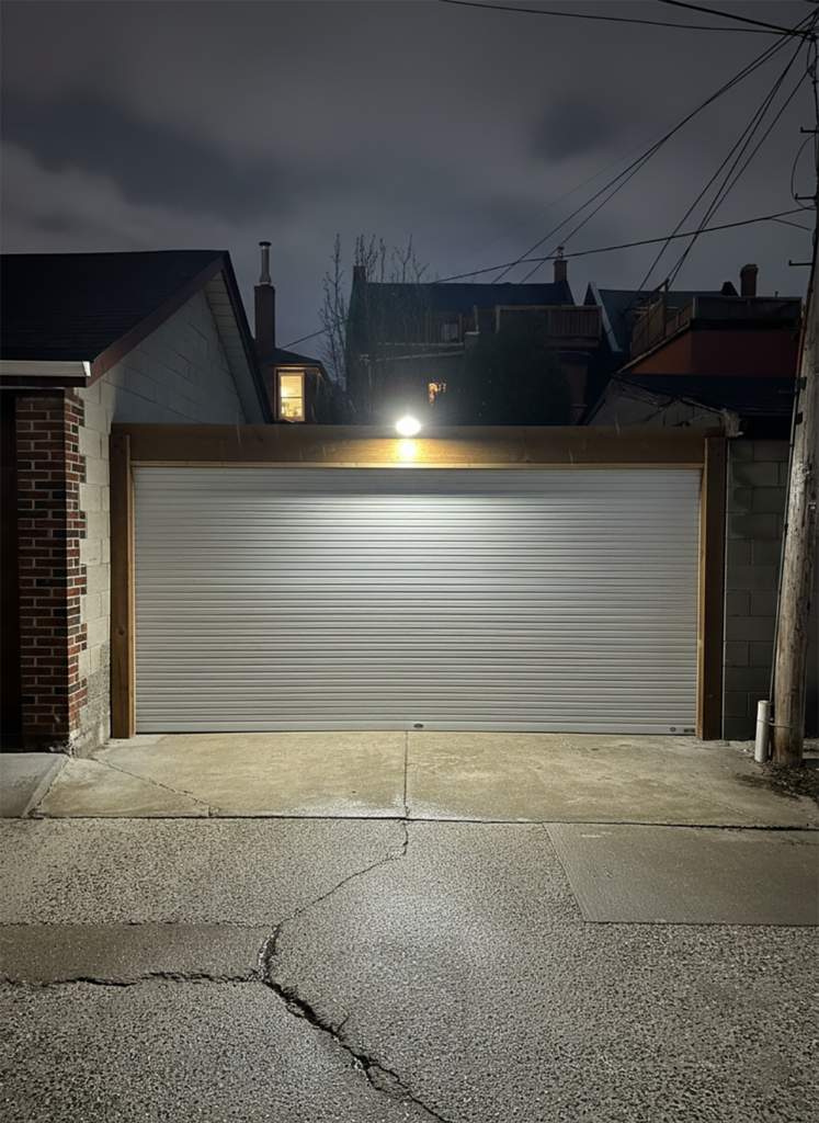 A White Roll-Up Garage Door With A Natural Wood Frame Illuminated By An Overhead Light At Night, Showcasing The Secure Garage Door Options Provided By Lead Contractor Dmytro Shevchenko In The North West Chicago Area.