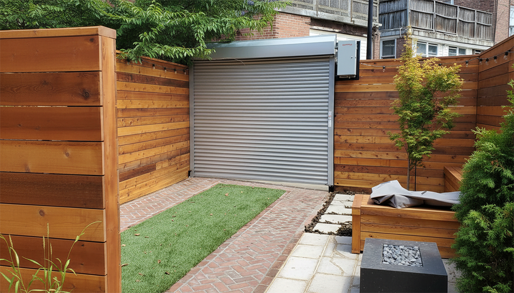 Modern Urban Backyard Featuring A Metallic Roll-Up Shutter As A Space-Saving Example Of Garage Door Options, Installed By Lead Contractor Dmytro Shevchenko In North West Chicago.