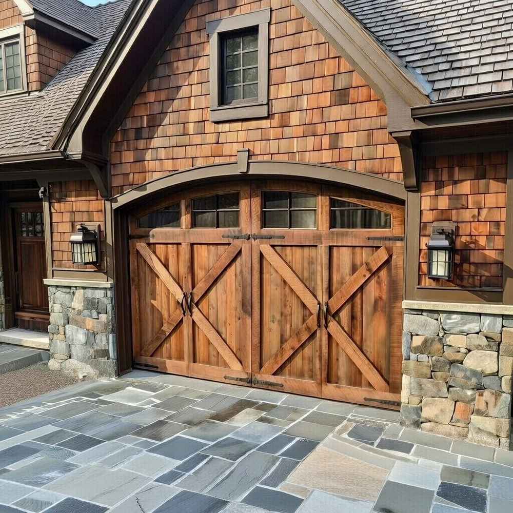 Cedar Shake Home Exterior Featuring A Rustic Wooden Carriage-Style Design With Crossbuck Panels And An Arched Top, Showcasing Premium Garage Door Options Installed By Lead Contractor Dmytro Shevchenko In North West Chicago.
Title: