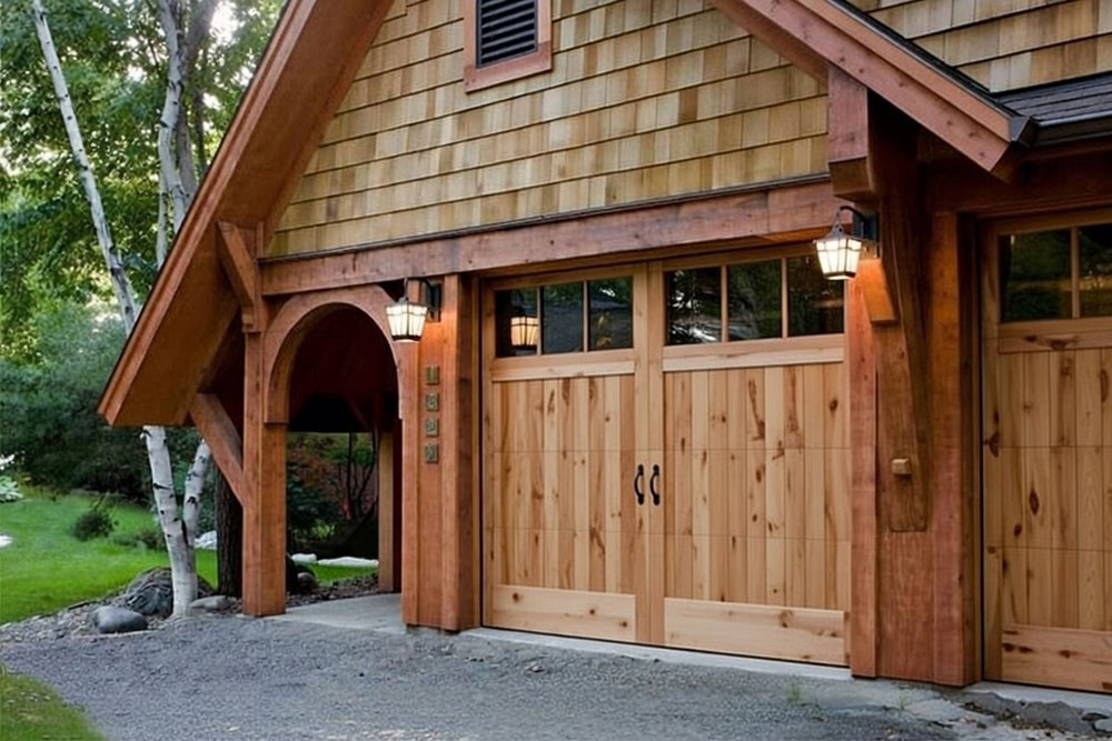 Style Garage Doors: 2026 Guide To Popular Designs &Amp; Trends For Chicago Homes Rustic Timber-Frame Home Featuring Natural Wood Carriage-Style Designs As Premium Garage Door Options, Installed By Lead Contractor Dmytro Shevchenko In North West Chicago.