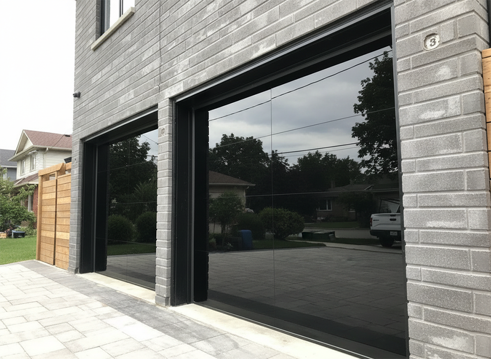 Modern Grey Brick Home Exterior Featuring Sleek, Reflective Black Glass Garage Door Designs, Installed By Lead Contractor Dmytro Shevchenko In North West Chicago.