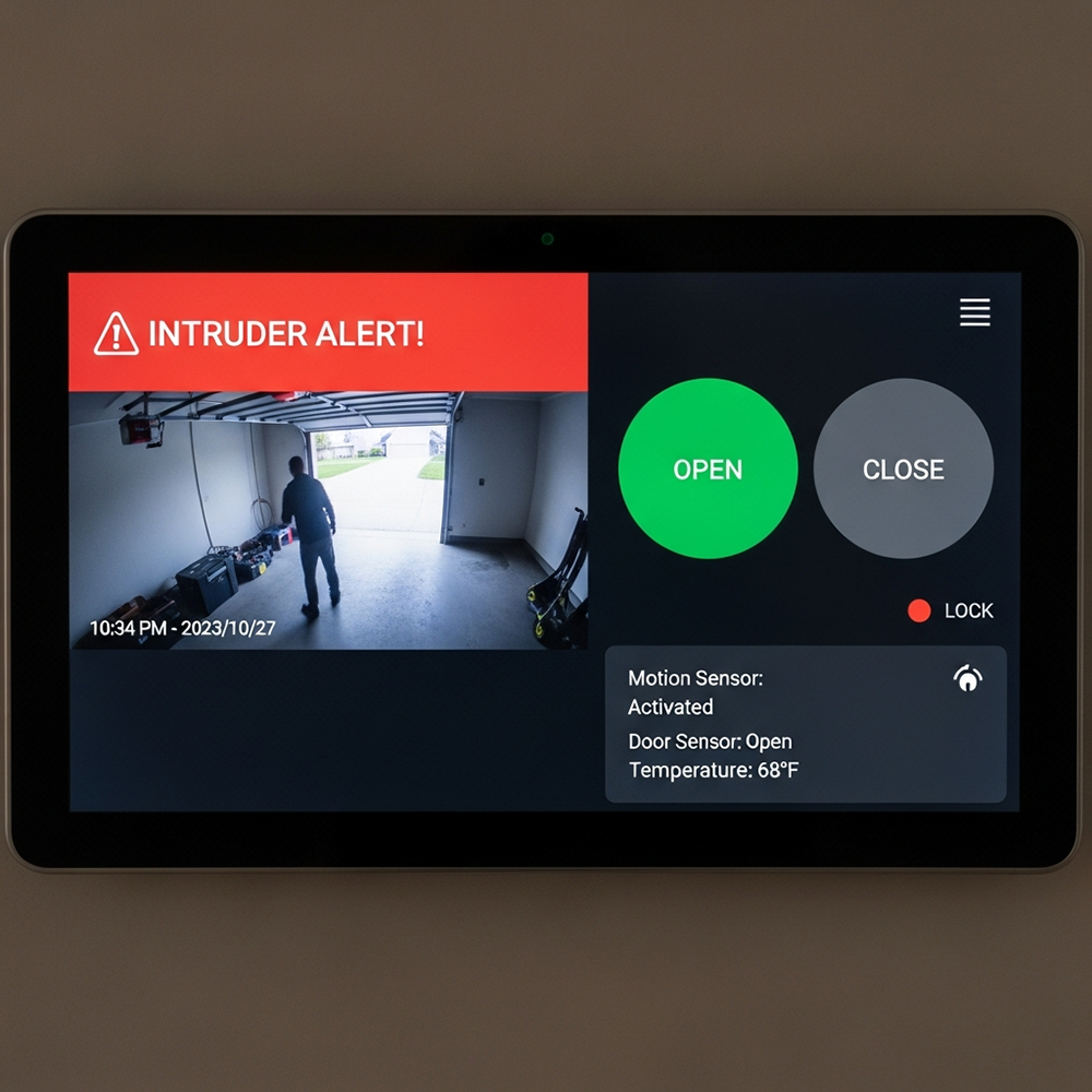 Smart Tablet Interface Displaying A Garage Door Intruder Alert With Live Video Monitoring, Illustrating Advanced Security Solutions Installed By Lead Contractor Dmytro Shevchenko In North West Chicago.