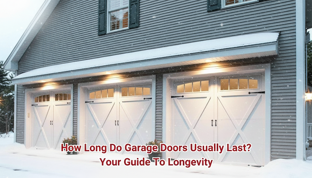 A Picturesque Image Of A House With Three White Garage Doors, Adorned With Decorative Crosses And Windows, Under A Light Snowfall. The Garage Doors Are Illuminated By Warm Lights, And The Surrounding Area Is Covered In A Fresh Blanket Of Snow. The Text Overlay Reads: &Quot;How Long Do Garage Doors Usually Last? Your Guide To Longevity&Quot;. This Image Showcases Various Garage Door Options And Is Relevant For Lead Contractor Dmytro Shevchenko In North West Chicago.