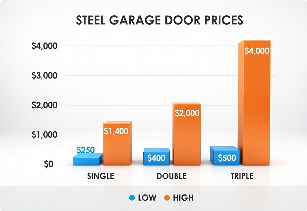 Bar Chart Displaying Low And High Price Ranges For Single, Double, And Triple Steel Garage Door Sizes, Serving As A Cost Guide By Lead Contractor Dmytro Shevchenko In North West Chicago.
