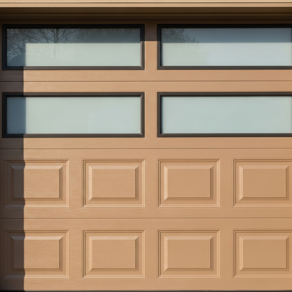 Tan Textured Garage Door With Raised Rectangular Panels And Frosted Glass Rectangle Windows In Black Frames, Modern Sectional Design With Subtle Shadow Detail – Installed By Lead Contractor Dmytro Shevchenko, North West Chicago