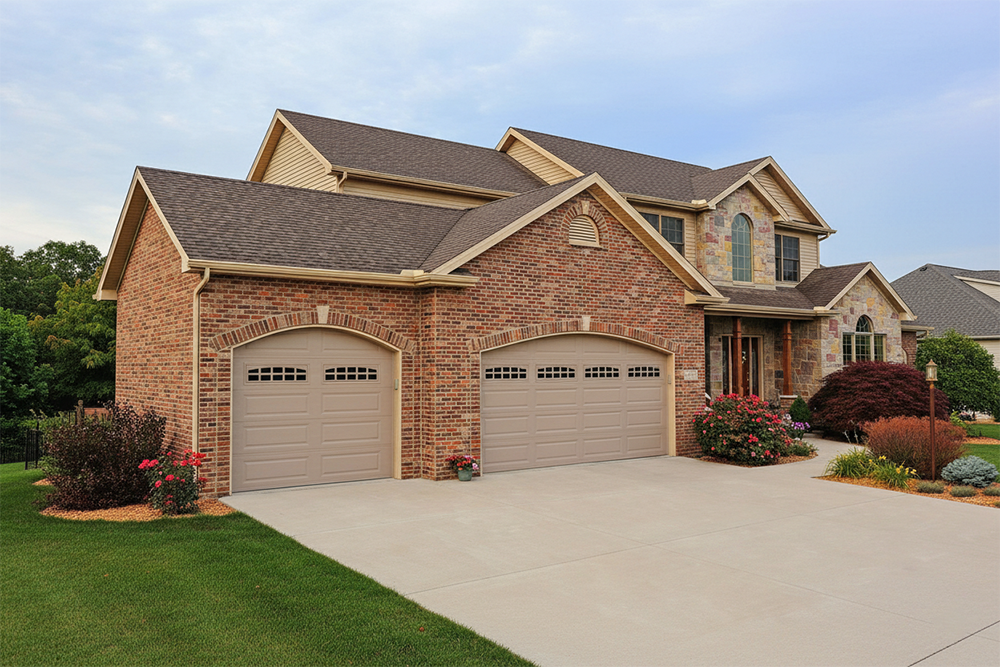 Style Garage Doors: 2026 Guide To Popular Designs &Amp; Trends For Chicago Homes Large Brick Residence Featuring Beige Raised-Panel Designs With Arched Windows As Examples Of Traditional Garage Door Options, Installed By Lead Contractor Dmytro Shevchenko In North West Chicago.