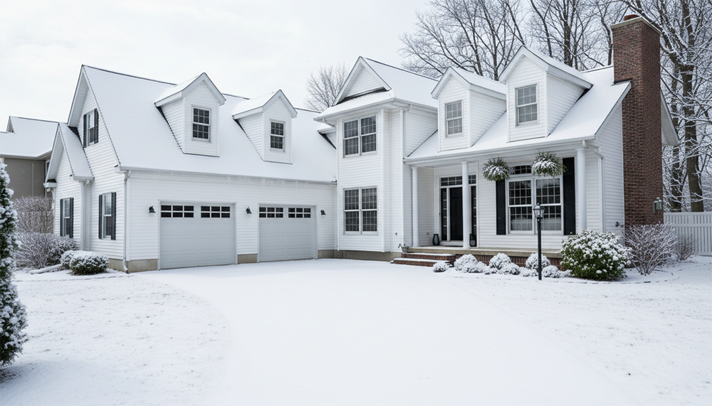 A Spacious White Two-Story Suburban Home Covered In Snow, Featuring Two Matching White Carriage-Style Garage Doors With Upper Windows. This Classic Winter Residence Exemplifies The Traditional Residential Garage Door Options Installed By Lead Contractor Dmytro Shevchenko For Homeowners In North West Chicago.