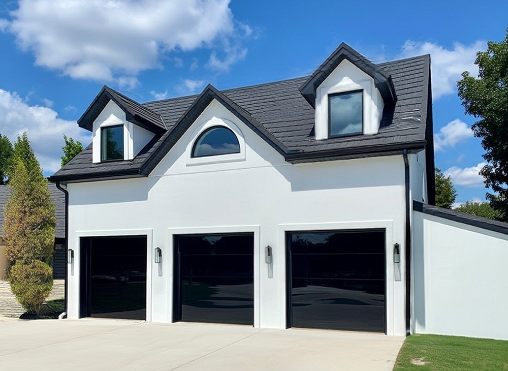 Detached White Garage Featuring Three Sleek Black Glass Garage Door Designs, Installed By Lead Contractor Dmytro Shevchenko In North West Chicago.
