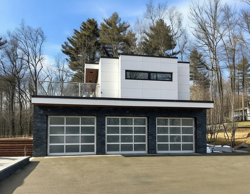 New Style Garage Doors: 2026 Trends &Amp; Modern Designs For Chicago Homes Modern Home Exterior Featuring Three Frosted Glass And Aluminum Designs As Premium Garage Door Options, Installed By Lead Contractor Dmytro Shevchenko In North West Chicago.