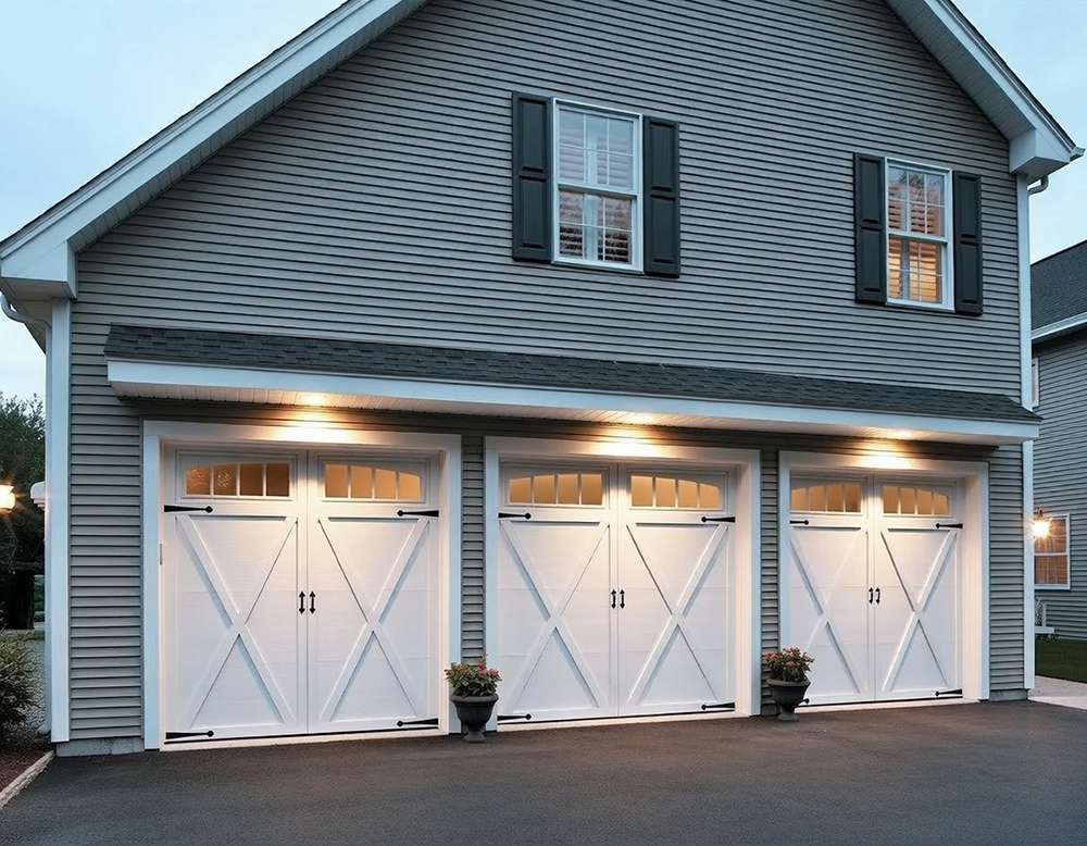 Three White Carriage-Style Garage Doors With X-Brace Design, Arched Windows, Black Hardware And Decorative Strap Hinges On A Gray Siding Home With Evening Lighting – Expertly Installed By Lead Contractor Dmytro Shevchenko, North West Chicago