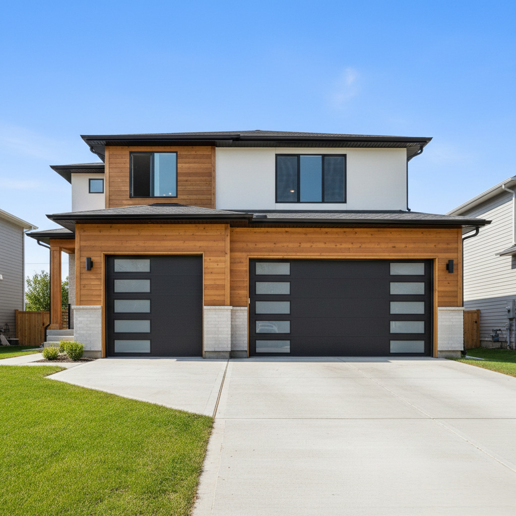 A Stunning Modern House Featuring Two Sleek Black Garage Doors With Vertical Frosted Glass Window Inserts, Perfectly Illustrating Contemporary Types Of Garage Doors. This Installation Project Was Led By Contractor Dmytro Shevchenko Of Prime Garage Door Repair. The Exterior Design Showcases A High-End Combination Of Natural Wood Siding, White Walls, And Stone Accents.