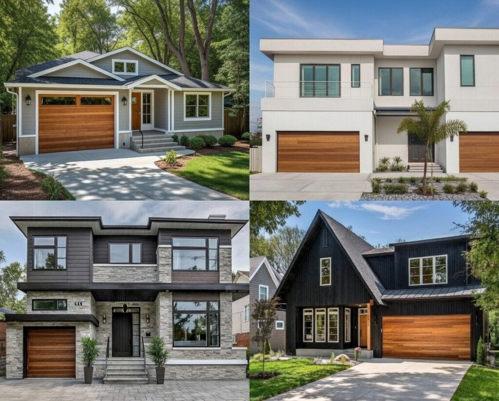 Different Styles Of Garage Doors: The Complete 2026 Architectural Guide - Collage Of Four Diverse Home Styles Including Craftsman, Modern, And Farmhouse, All Featuring Elegant Wood-Tone Garage Door Installations By Lead Contractor Dmytro Shevchenko In North West Chicago.