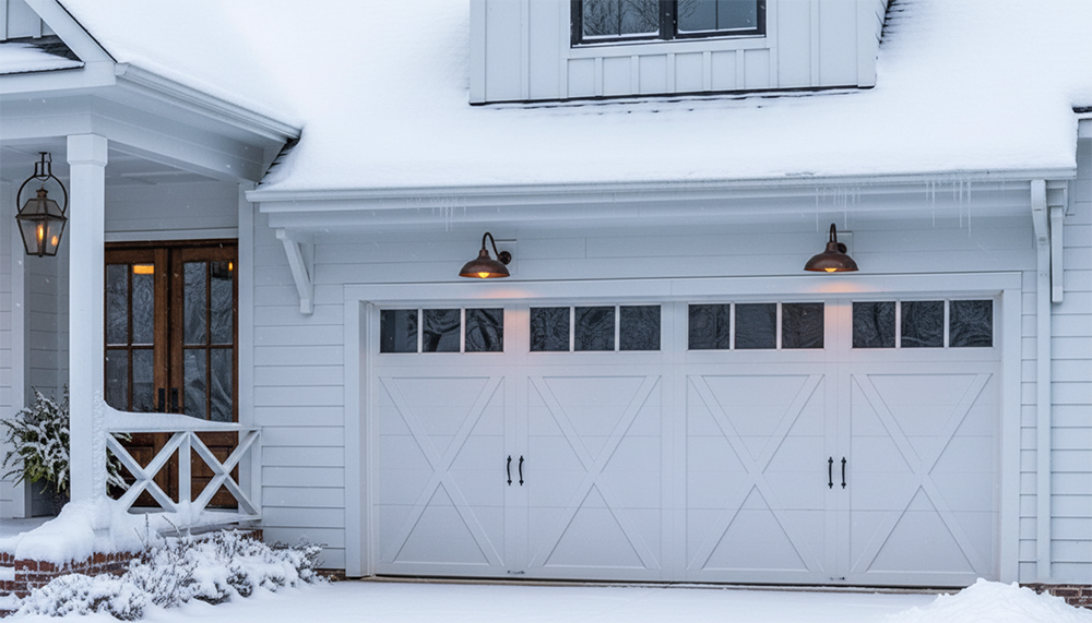 A Stunning White Carriage-House Style Garage Door With Cross-Buck Details And Upper Windows, Illuminated By Barn Lights During A Snowy Winter Day. This Elegant Design Showcases The Premium Garage Door Options Available From Lead Contractor Dmytro Shevchenko For Homes In North West Chicago.