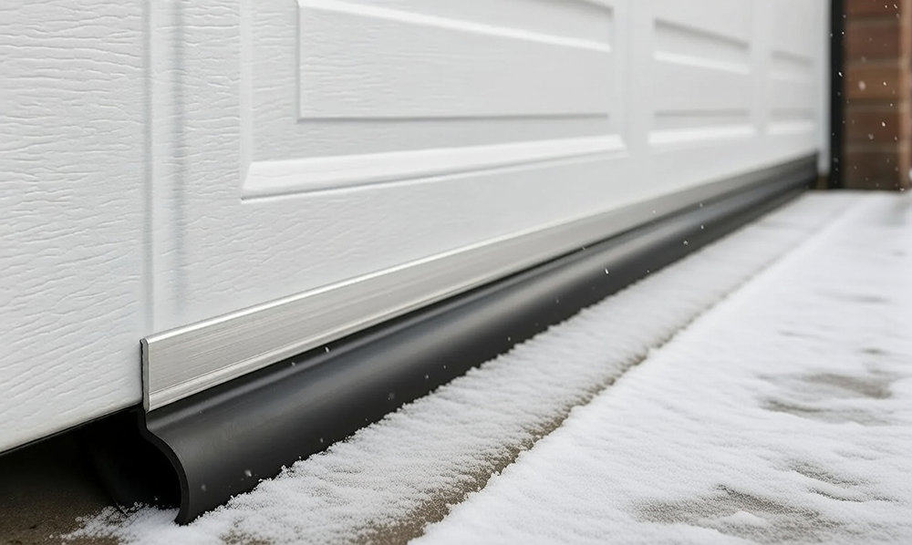 Close-Up Of A White Garage Door Fitted With A Heavy-Duty Bottom Weather Seal Protecting Against Snow, Showcasing Winter-Ready Installation Work By Lead Contractor Dmytro Shevchenko In North West Chicago.
