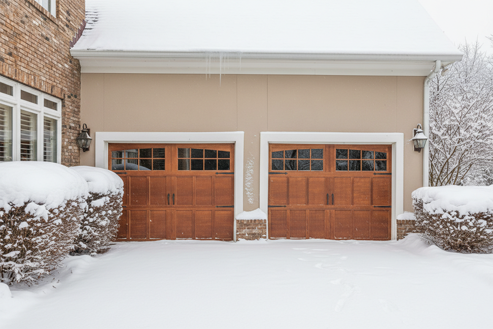 Two Elegant Wood-Tone Carriage-House Style Garage Doors Featuring Decorative Black Hardware And Upper Windows, Set Against A Beige Home Covered In Fresh Snow. This Winter Scene Showcases The Premium Garage Door Options Available From Lead Contractor Dmytro Shevchenko For Residents In North West Chicago.