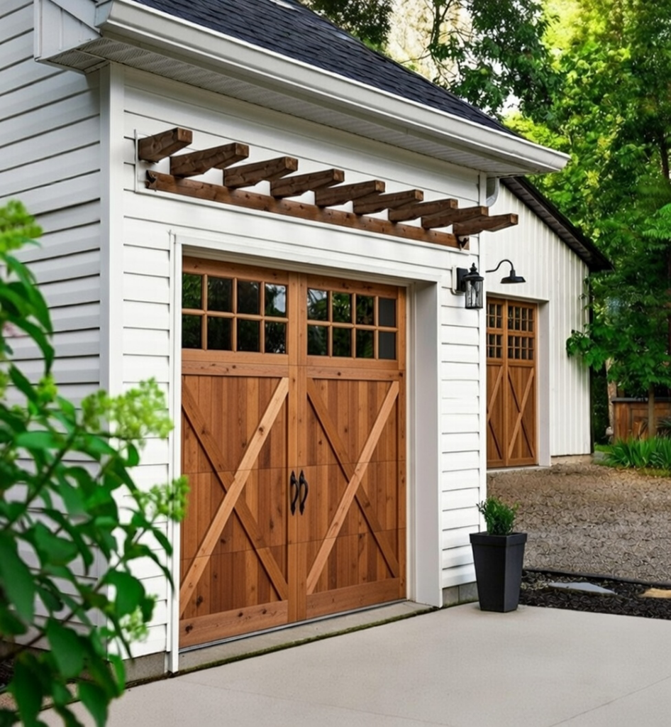 Style Garage Doors: 2026 Guide To Popular Designs &Amp; Trends For Chicago Homes Detached White Garage Featuring Rustic Wooden Carriage-Style Designs With Crossbuck Panels And Pergola Accents As Premium Garage Door Options, Installed By Lead Contractor Dmytro Shevchenko In North West Chicago.