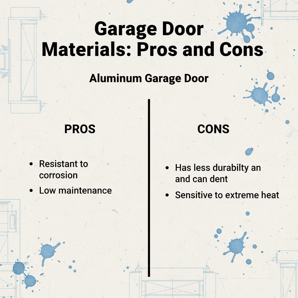 Pros And Cons Comparison Chart Of Aluminum Garage Door Materials, Featuring Corrosion Resistance, Low Maintenance, Lower Durability With Denting Risk, And Sensitivity To Extreme Heat – Garage Door Options By Lead Contractor Dmytro Shevchenko, North West Chicago