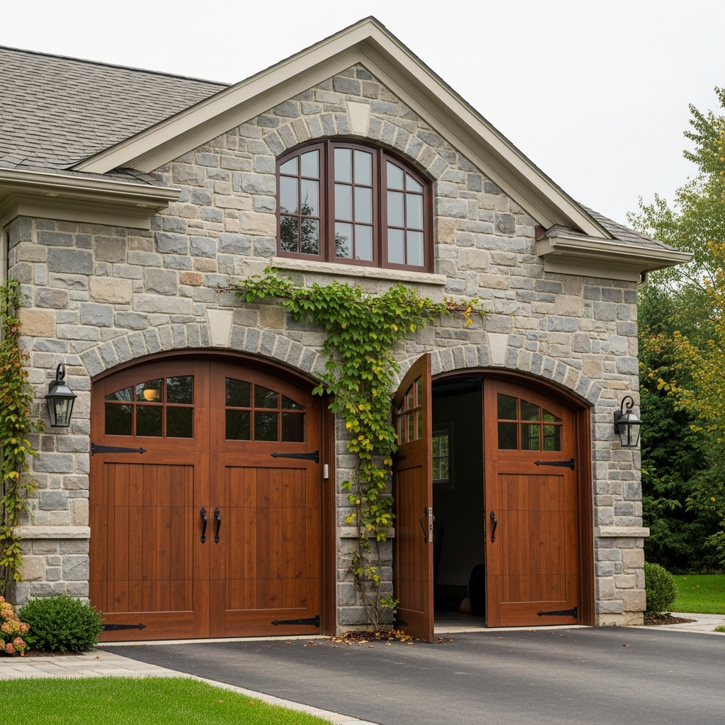 Residential Garage Door Types: A Complete 2026 Guide For Chicago Homeowners Luxury Stone-Clad Residential Home Featuring Custom Wooden Carriage-Style Swing-Out Garage Doors In Rich Warm Cedar Tone, Arched Multi-Pane Windows, Black Wrought-Iron Hardware And Strap Hinges, One Door Open Revealing Interior, Ivy Climbing Over Arched Entry, Gabled Roof With Grey Shingles, North West Chicago. Lead Contractor Dmytro Shevchenko – Upscale Residential Garage Door Types.