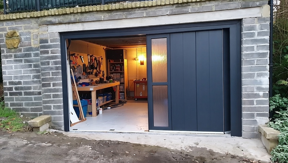 Garage Door Opening Styles: Choosing The Right Movement For Your Home Example Of Garage Door Opening Styles Featuring A Modern Black Side-Sliding (Horizontal Sliding) Garage Door With Vertical Panels And Frosted Glass Insert, Partially Open To Reveal The Workshop Interior, Installed By Lead Contractor Dmytro Shevchenko In North West Chicago.