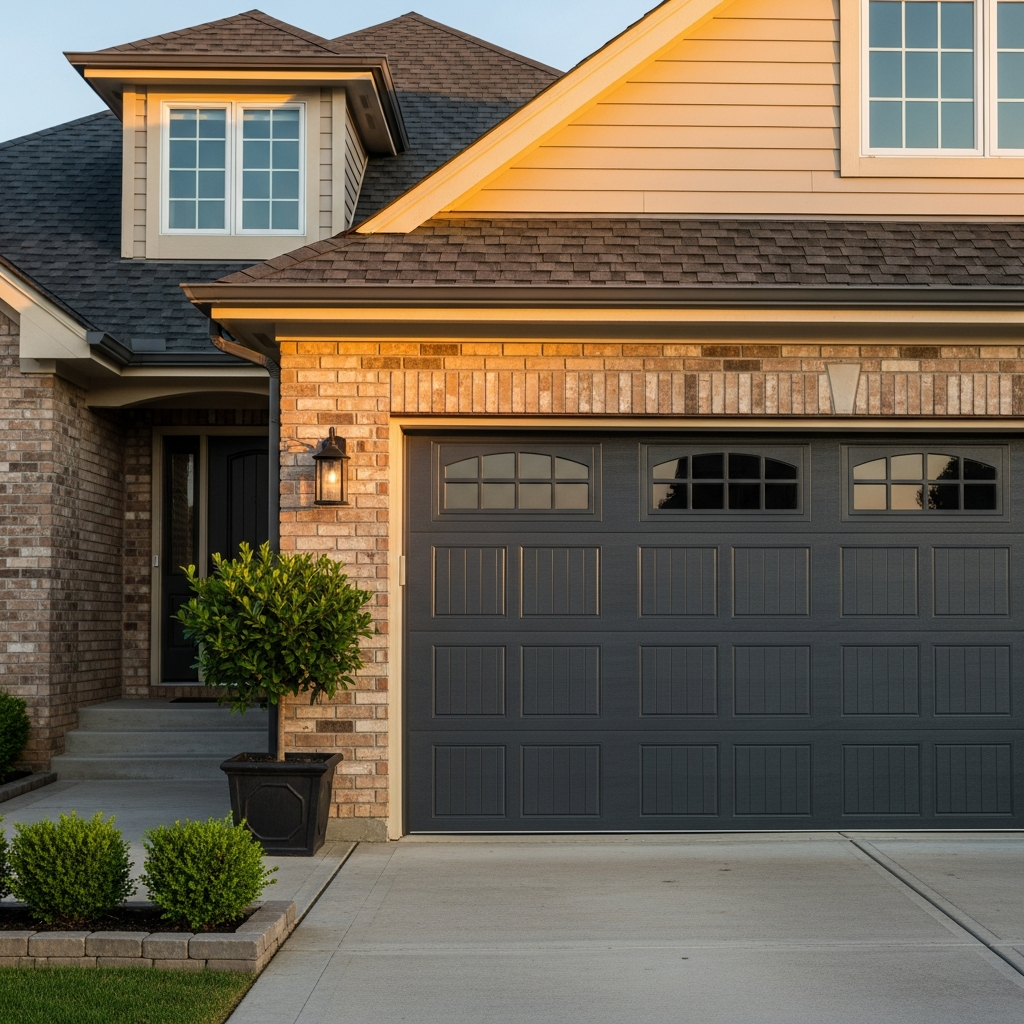 Classic Dark Gray Double Garage Door With Arched Window Panels And Grid Design, Installed On A Two-Story Brick And Siding Home At Golden Hour With Landscaped Front Yard And Topiary Plants – Garage Door Options By Lead Contractor Dmytro Shevchenko, North West Chicago