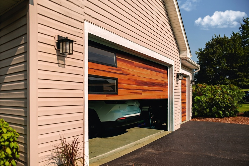 Residential Garage Door Types: A Complete 2026 Guide For Chicago Homeowners Modern Residential Garage Door With Horizontal Wood Plank Design In Warm Cedar Tones, Custom Glass Windows, Single-Car Setup On A Beige Siding Home, North West Chicago. Lead Contractor Dmytro Shevchenko – Premium Residential Garage Door Types.
