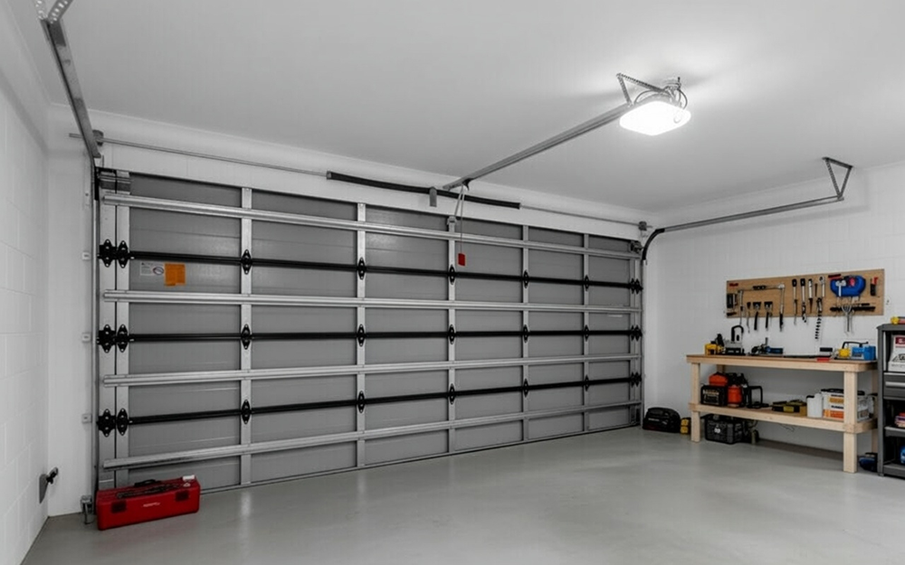 Residential Garage Door Types: A Complete 2026 Guide For Chicago Homeowners Spacious Double-Car Residential Garage Interior With Wide Gray Sectional Garage Door Fully Closed, Heavy-Duty Horizontal Reinforcement Struts, Belt-Drive Opener Rail System, White Block Walls, Organized Workbench And Tool Storage, North West Chicago. Lead Contractor Dmytro Shevchenko – Durable Residential Garage Door Types.