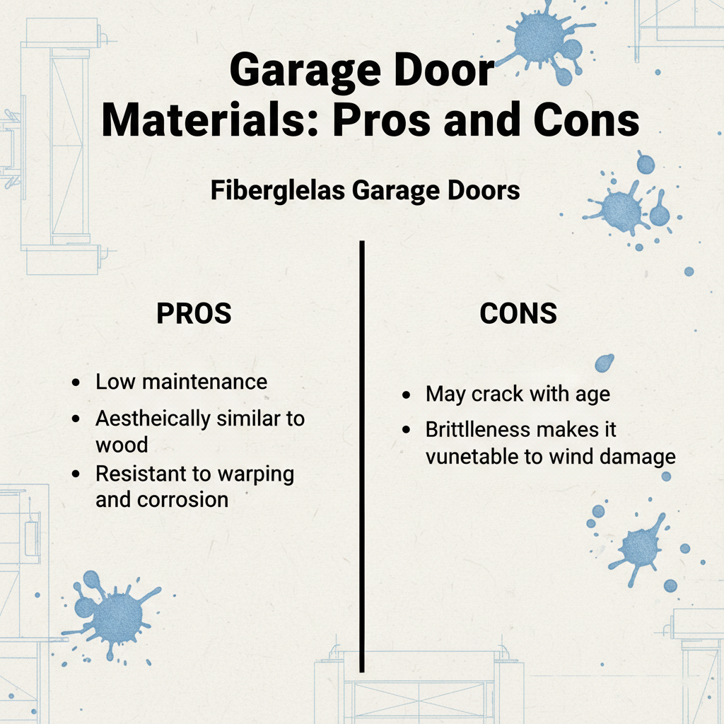 Pros And Cons Comparison Chart Of Fiberglass Garage Door Materials, Highlighting Low Maintenance, Wood-Like Aesthetic Appearance, Resistance To Warping And Corrosion, Potential Cracking With Age, And Brittleness Vulnerable To Wind Damage – Garage Door Options By Lead Contractor Dmytro Shevchenko, North West Chicago