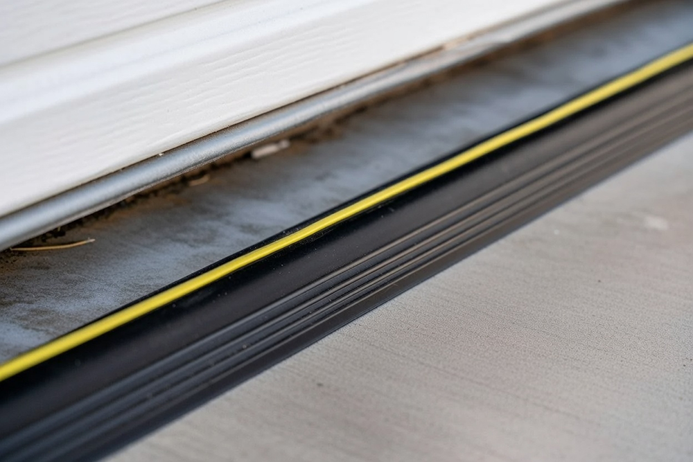 Residential Garage Door Types: A Complete 2026 Guide For Chicago Homeowners Close-Up View Of Residential Garage Door Bottom Weather Seal With Yellow Reinforced Contact Strip Inside Black Epdm Rubber Bulb Seal, Aluminum Retainer Channel, White Sectional Panel Edge Showing Tight Floor Contact And Minor Debris, North West Chicago. Lead Contractor Dmytro Shevchenko – Premium Residential Garage Door Types.