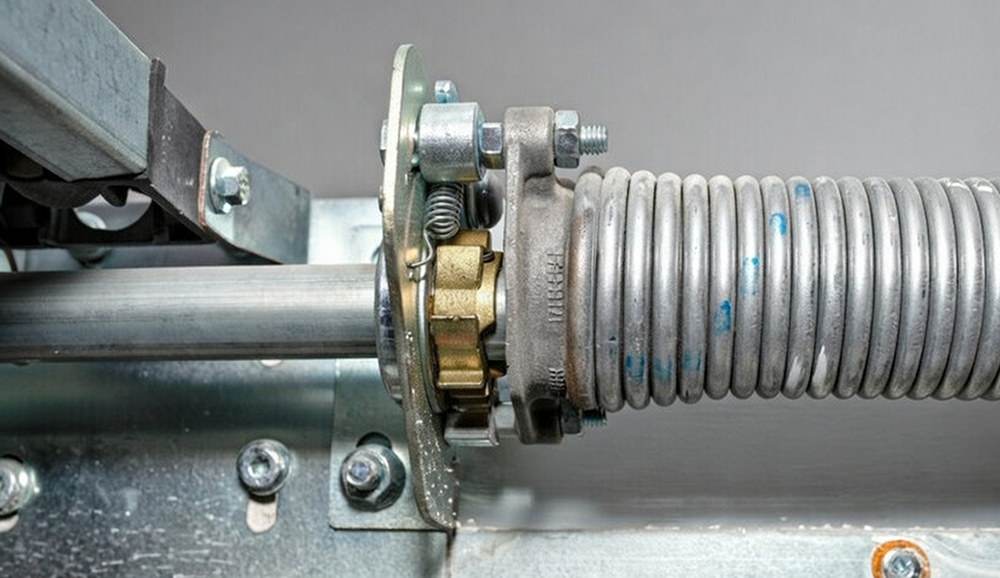 What Is A Garage Door Called? A Guide To Names And Terminology Close-Up View Of A Garage Door Torsion Spring Assembly, Showing The Winding Cone, Stationary Cone, Bearing, And Torsion Bar Connection In A Professional Overhead Garage Door System, Installed By Lead Contractor Dmytro Shevchenko In North West Chicago.