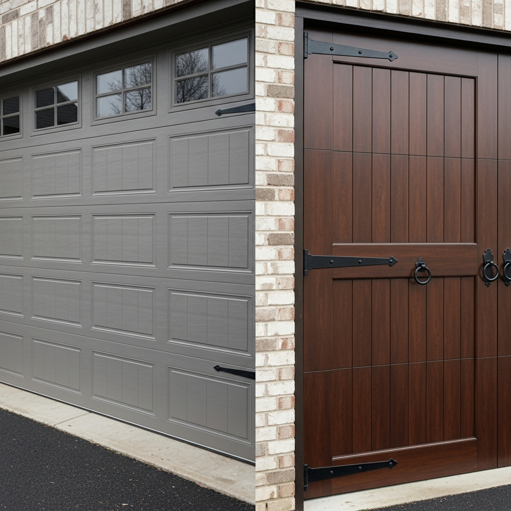 Residential Garage Door Types: A Complete 2026 Guide For Chicago Homeowners Side-By-Side Comparison Of Two Premium Residential Garage Door Types On Brick Home: Contemporary Grey Sectional Overhead Garage Door With Recessed Raised Panels, Grid-Style Glass Windows, And Black Decorative Hardware (Left, Closed) Versus Elegant Dark Walnut Wood-Look Carriage-Style Swing-Out Doors With Vertical Plank Design, Black Wrought-Iron Strap Hinges, Ring Pulls, And Cross Braces (Right, Closed), North West Chicago. Lead Contractor Dmytro Shevchenko – Luxury Residential Garage Door Types.