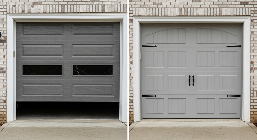 Residential Garage Door Types: A Complete 2026 Guide For Chicago Homeowners Side-By-Side Comparison Of Two Popular Residential Garage Door Types On Brick Home Exterior: Modern Grey Sectional Overhead Garage Door With Recessed Panels And Rectangular Glass Windows (Left, Open Position) Versus Classic Carriage-Style Faux-Wood Swing-Out Doors In Light Grey Finish With Arched Top Panels, Black Wrought-Iron Strap Hinges And Handles (Right, Closed), North West Chicago. Lead Contractor Dmytro Shevchenko – Versatile Residential Garage Door Types.
