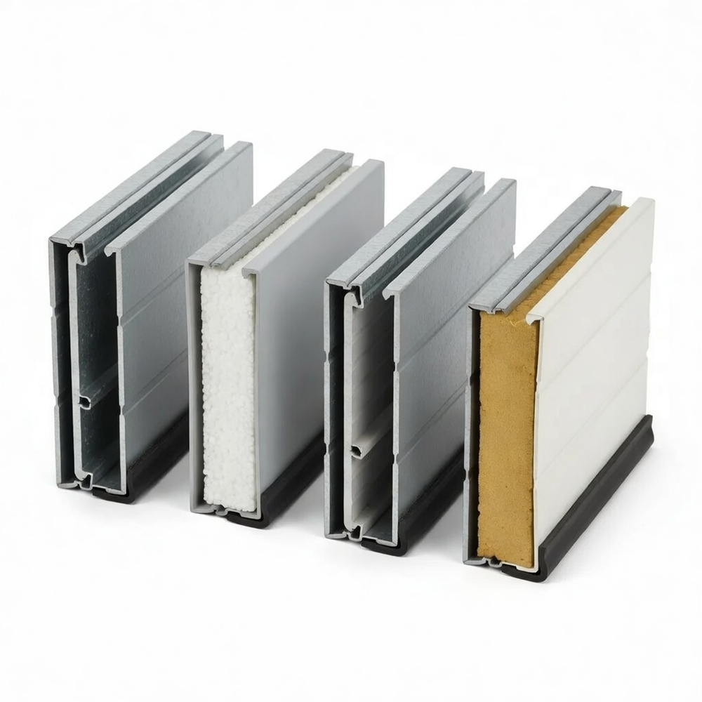 Residential Garage Door Designs: The Ultimate 2026 Style &Amp; Performance Guide Cross-Section View Of Various Residential Garage Door Panel Designs Showing Aluminum Skins With Polyurethane Foam Insulation (White) And Polystyrene Options (Yellow/Brown), Different Thicknesses And Profiles, Part Of High-Quality Residential Garage Door Designs By Lead Contractor Dmytro Shevchenko In North West Chicago
