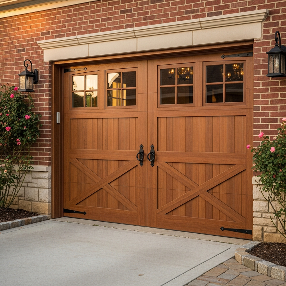 Elegant Carriage-Style Double Garage Door In Rich Mahogany Wood Finish With X-Pattern Raised Panels, Upper Glass Window Inserts Showing Warm Interior Lighting, Black Wrought-Iron Hardware And Straps, Installed On A Brick-Front Home In North West Chicago. Garage Door Installation By Lead Contractor Dmytro Shevchenko.